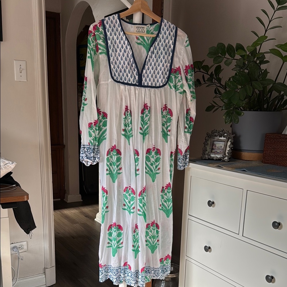 SZ Blockprint - Handmade Floral White and Green Dress